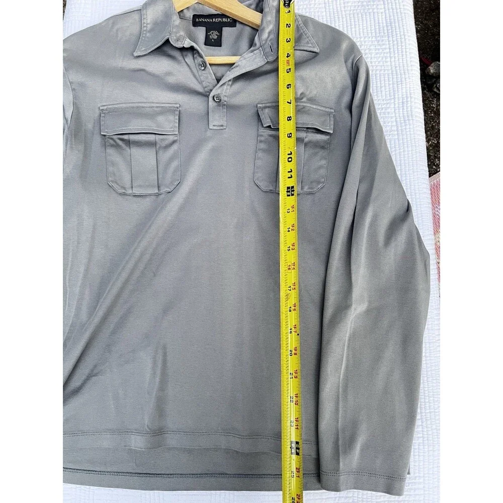 Banana Republic Gray Utility Polo Shirt Large 100% Cotton Long Sleeve Casual